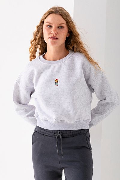 GİYSA Women's Crew Neck Glasses Bear Embroidered 3-Strand Crop Sweatshirt Gray - 2671
