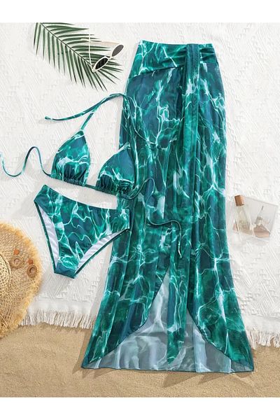 Phellos Turquoise Water Patterned Bikini Bottom, Top and Slit Long Pareo Skirt – Triple Beach Set
