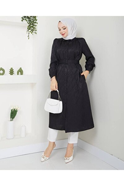 She Olive Self-Patterned Satin Finish Belt with Buttons Hijab Tunic