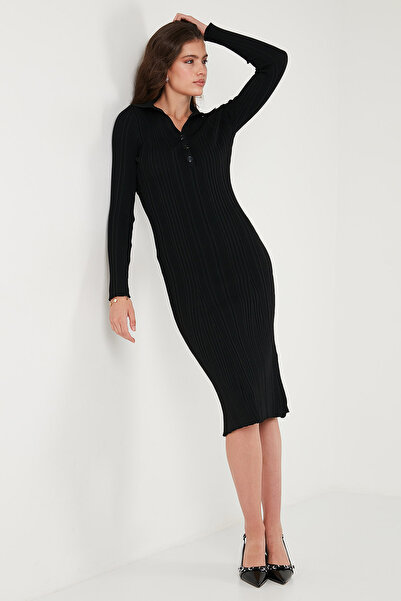Lela Premium Fitilli V Yaka Slim Fit Midi Boy Triko Elbise ELBİSE 680EL00282