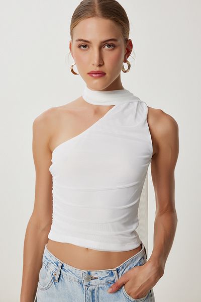 Lovelyİstanbul One Shoulder Scarf Tulle Blouse Lub0217 Ecru