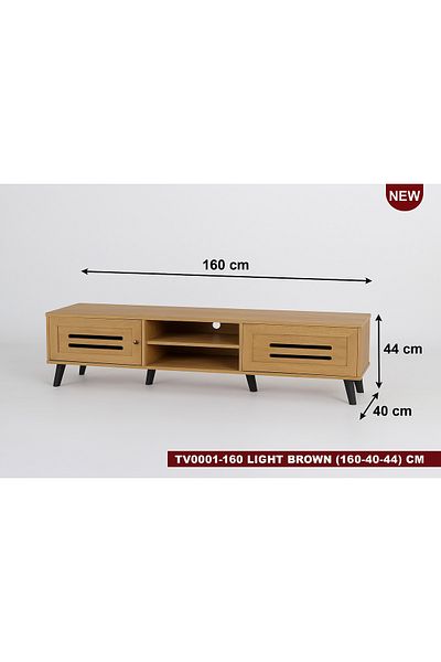 TrentonGCC Modern Light Brown Wooden TV Stand 160 cm – 2 Doors, Shelves & Cable Hole – Black Legs
