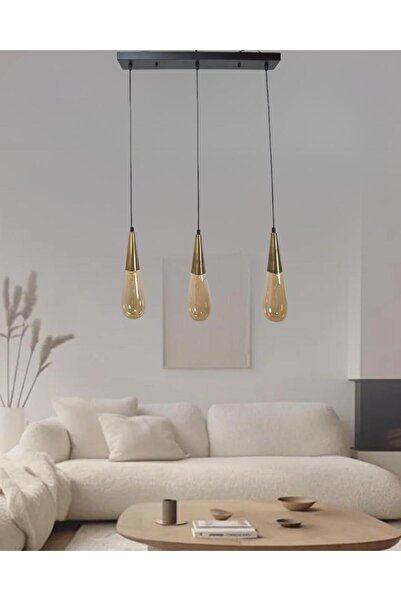Fera Aydınlatma Damla Bal Cam 3Lü Sıralı eskitme Metal Gövde Salon Yemek Masa...