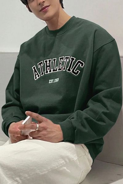 North London Men's Embroidery Printed Crew Neck Green Oversize Sweatshirt
