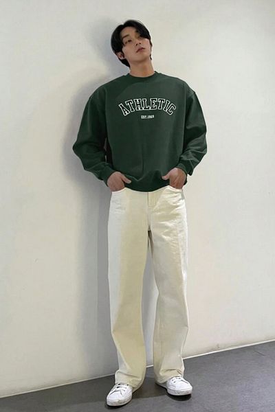 North London Men's Embroidery Printed Crew Neck Green Oversize Sweatshirt