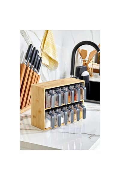 Piev 12-Piece Transparent Spice Rack with Bamboo Stand, Compartments, Lid and Spoon