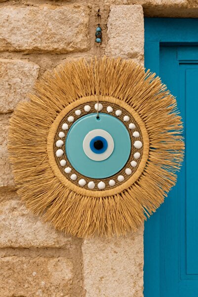 Home Bohem Handmade Büyük Nazar Boncuklu Deniz Kabuklu Rafya Duvar Süsü