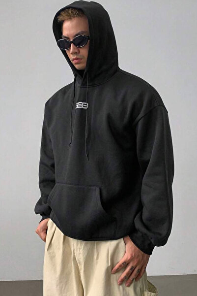 North London Erkek 333 Baskılı Üç İplik Siyah Oversize Sweatshirt