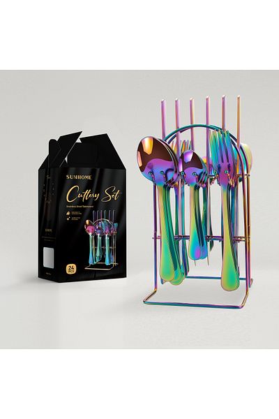 Sunhome 24-Piece Stainless Steel Cutlery Set With Stand Multicolour