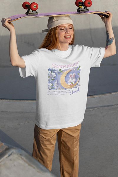 Buka Shops Aesthetic "Summer Cloud" Rabbit on the Moon Design Oversize T-Shirt