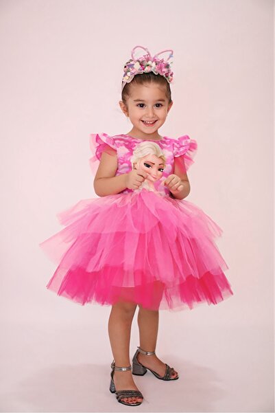 wuza Prenses Pembe Tül Kız Çocuk Elbise – Parti, Doğum Günü ve Özel Gün Elbisesi