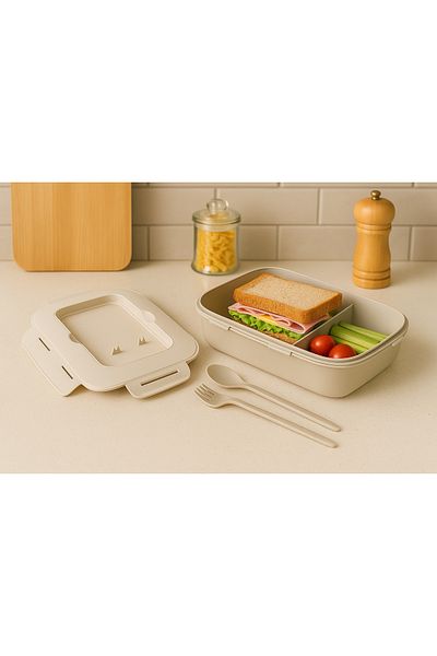 Pazar Kapısı Storage Container with Lid and Fork and Spoon – 1.1 L – Compartmented, Leakproof, Portable Food Container