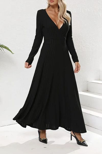missamour Women's Black V-Neck Waist Belted Max Dress