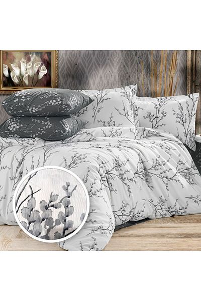 Pucioasa Crepe bed linen with elastic for mattress 140x200cm, 100% cotton, grey twigs with buds