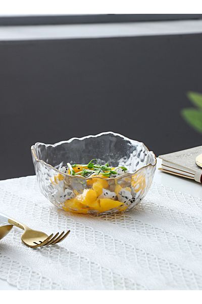 Shuer 5 Inch Glass Fruit Salad Bowl With Gold Edge And Irregular Hammer Pattern