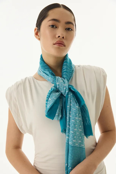 FENZA SCARF ŞAL DE BUMBAC VERDE PETROL CU MOTIV LINIE ARIA