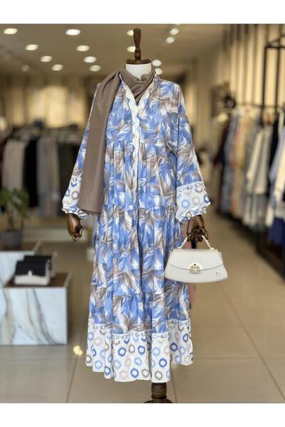 Puane Çiçek Desenli İndigo Elbise 32363