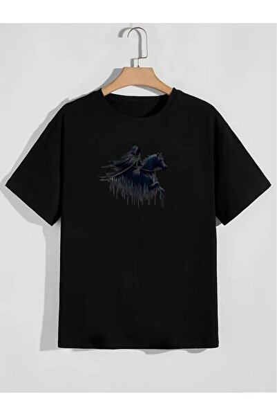 İnazuma Outdoors تيشيرت أسود مطبوع عليه صورة عزرايل، مقاس كبير للجنسين، بياقة...