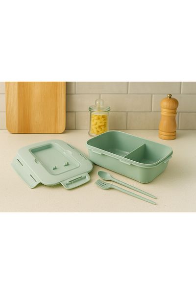 Pazar Kapısı Storage Container with Lid and Fork and Spoon – 1.1 L – Compartmented, Leakproof, Portable Food Container