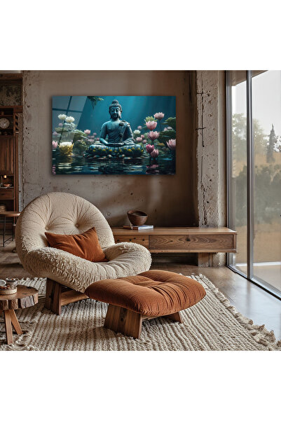 BestSanat Lotus Çiçekleri Arasında Meditasyon Yapan Buda Cam Tablo