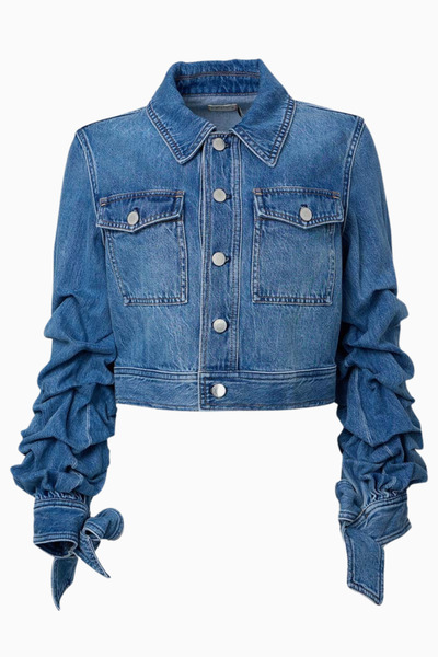 ALICE AND OLIVIA Tiff Short Denim Jacket with Gathered Sleeves