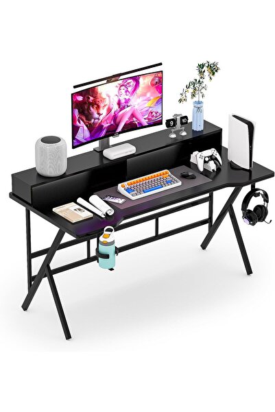 VINNYSEN Gaming Table, 100CM Gaming Computer Desk with Cup Holder Headphone Hook & Monitor Stand