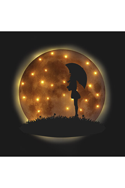 Lucenda Kişiselleştirilebilir Led Işıklı Epoksi Cam Katmanlı Tablo Lunara Şemsiyeli Kadın Dolunay