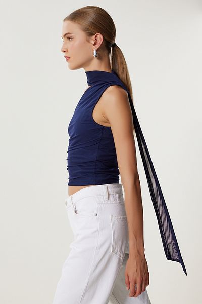 Lovelyİstanbul One Shoulder Scarf Tulle Blouse Lub0217 Dark Blue