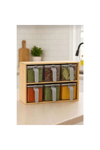 Piev 9-Piece Transparent Spice Rack with Bamboo Stand, Compartments, Lid and Spoon