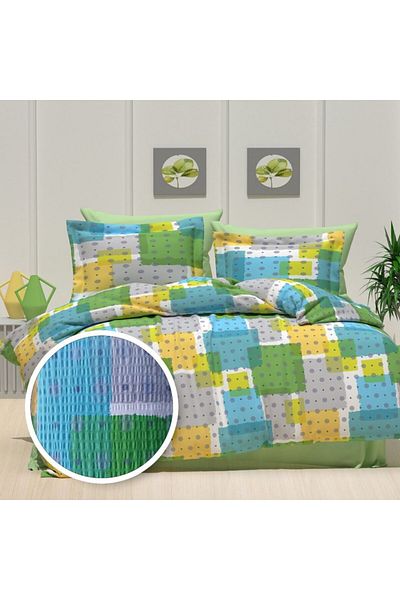Pucioasa Double crepe bed linen with elastic for mattress 160x200cm, 100% cotton, multi-colored squares