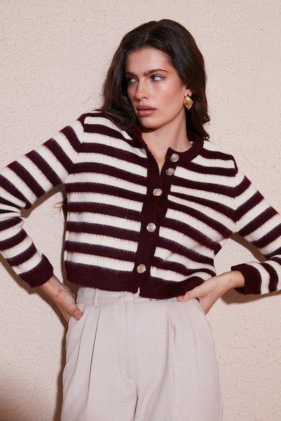 Lela Striped Oversize Fit Crew Neck Button Crop Knitwear Cardigan Cardigan 4615567