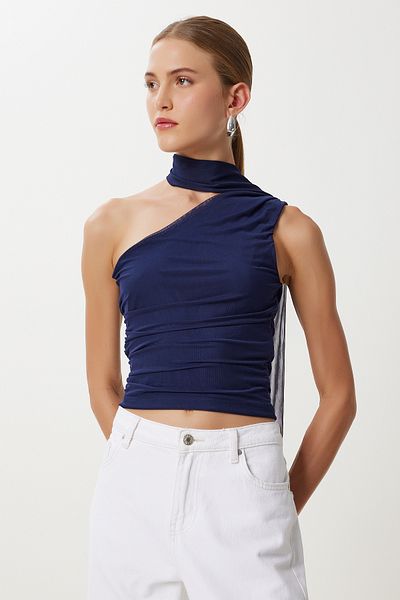 Lovelyİstanbul One Shoulder Scarf Tulle Blouse Lub0217 Dark Blue