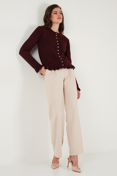 Lela Premium Pile Detailed Regular Fit Round Neck Knitwear Cardigan Cardigan 680Hi00038