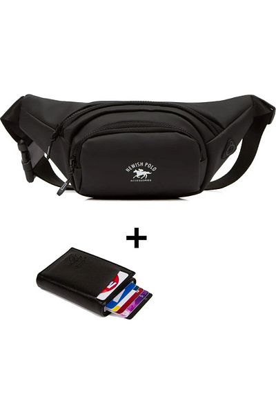 Newish Polo Men's Black Soft Texture Leather Waist Bag and Mechanism Wallet