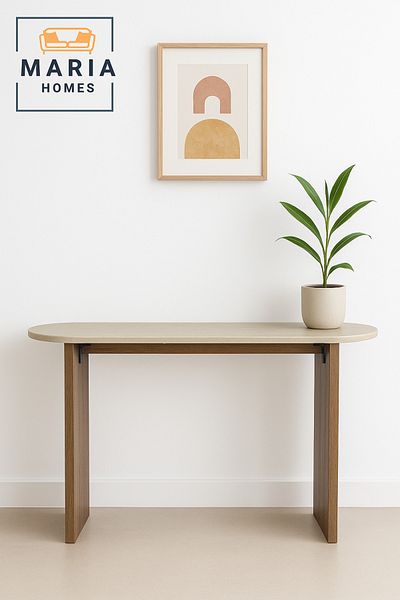 MARIA HOMES Marble Console Table 140×40×80 cm – Modern Entryway Table with Brown Wooden Legs