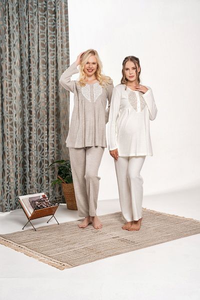 LOHOUSE Women's Beige Honeycomb Patterned Lace Long Sleeve Cotton Maternity Maternity Pajamas Set of 3