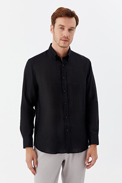 Sabri Özel Uzun Kollu Keten Erkek Gömlek Siyah