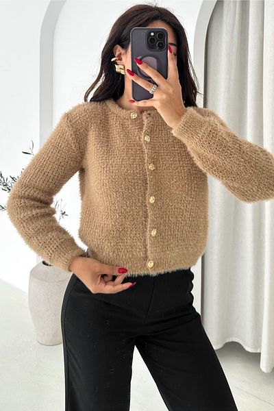 FEMELLE Brown Gold Button Detailed Soft Knitwear Cardigan - Standard Size