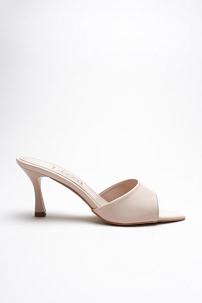 Lizzu Women's Pointed Toe Open Heeled Slippers Leni Beige Patent Leather
