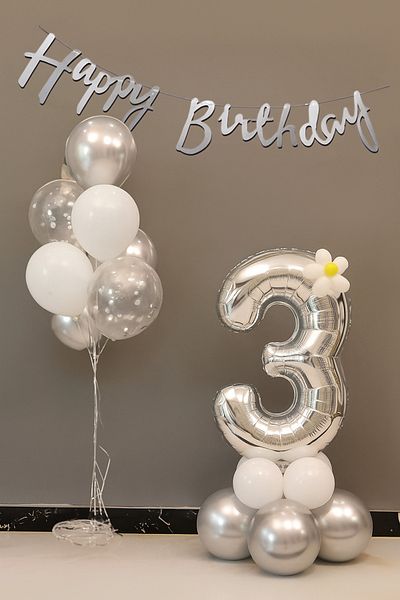 PARTİAVM 3 Year Old Silver Number Balloon Birthday Party Set Silver Color Number Chrome Balloon Happy Birthday Text