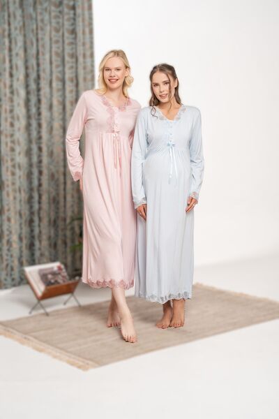 Pelin Women's Blue Lace Detailed Maternity Nightgown