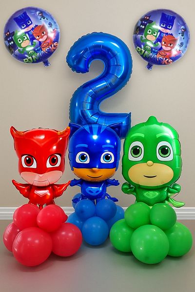 PARTİAVM 2 Years Old Blue Number Balloon Pijamaskeliler Balloon Set Pjmaske Cat Kids Owl Girl Lizard Children