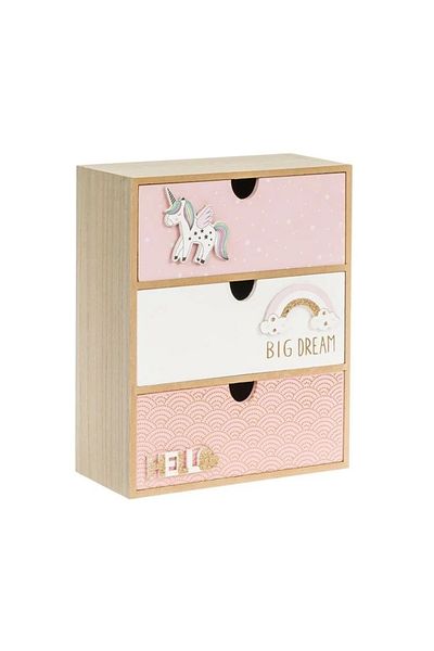 divendi-ro Decorative Box with 3 Drawers, 3D Unicorn Model, wood, 21x10x27x27cm, pink/white