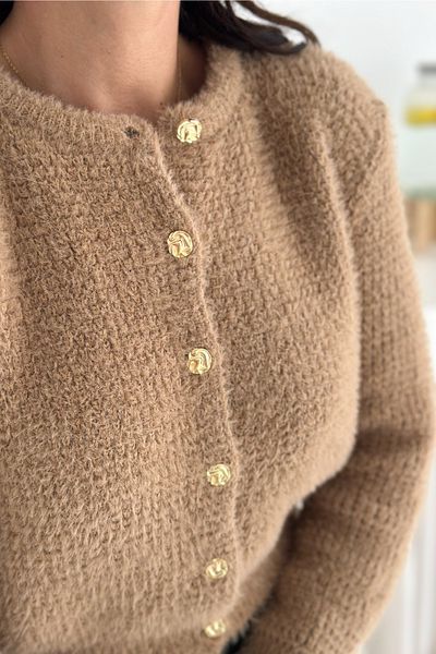 FEMELLE Brown Gold Button Detailed Soft Knitwear Cardigan - Standard Size
