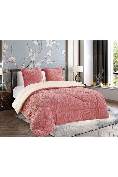 OEM Cocolino Quilt Set with Fur, Knitted, 3 Pieces, for Double Bed, 2 Pillowcases, 200 x 230 cm, Pink