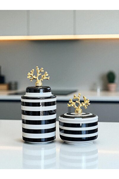 ferayhome إكسسوار المطبخ غطاء سيراميك أسود زيبرا أسطوانة أسود زيبرا صندوق ذهبي