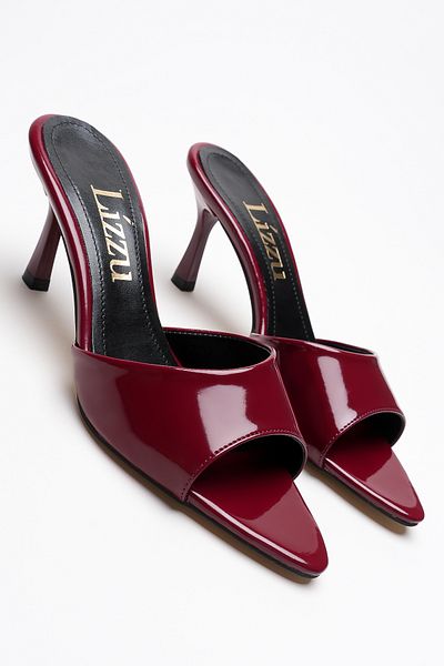 Lizzu Women's Pointed Toe Open Heeled Slippers Leni Burgundy Patent Leather