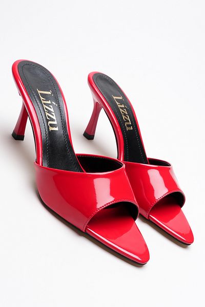 Lizzu Women's Pointed Toe Open Heeled Slippers Leni Red Patent Leather