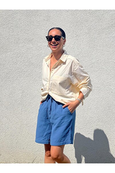Dresslabtr Pamuklu 2 Kat Müslin Kumaş İç Göstermeyen Belden Bağlamalı Geniş Kalıp Rahat Kesim Unisex Cepli Şort