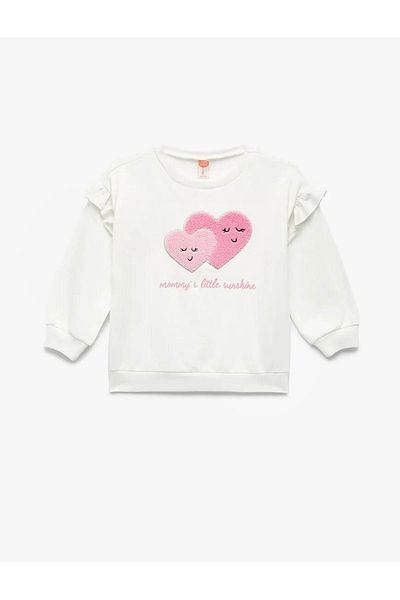Koton Long Sleeve Crew Neck Cotton Heart Appliqued Hooded Sweatshirt